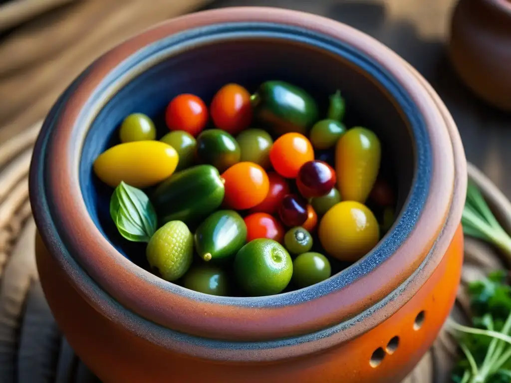 Una vasija de barro antigua llena de vegetales y frutas encurtidos, destacando las técnicas milenarias conservación alimentos históricas