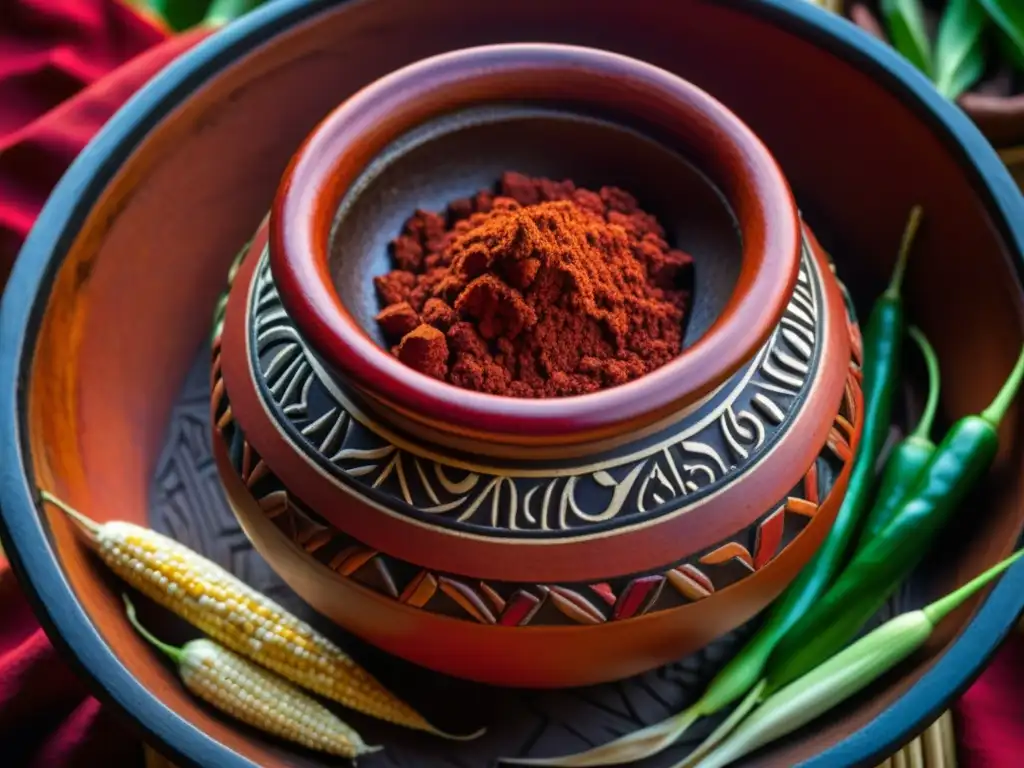 Una vasija maya llena de achiote rojo rodeada de ingredientes tradicionales, con grabados celestiales y símbolos mayas