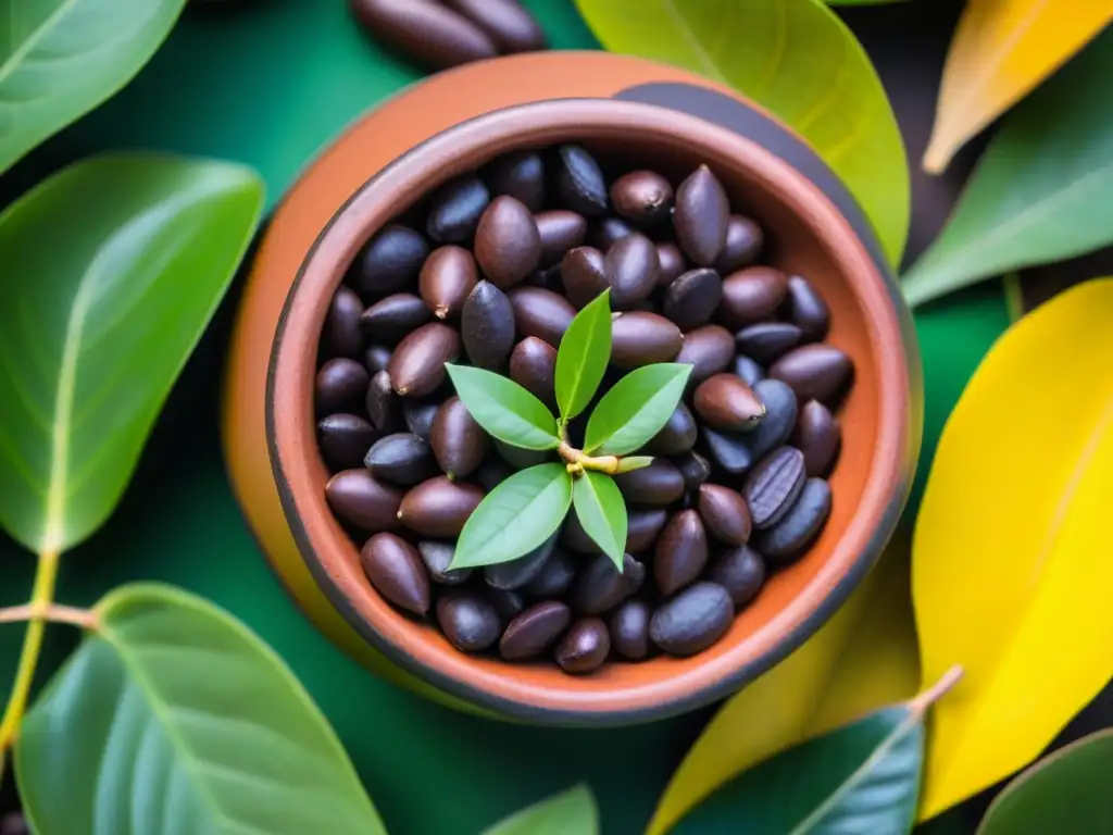Cacao ancestral: la artesanía mesoamericana en detalle Una vasija mesoamericana antigua llena de granos de cacao, rodeada de hojas verdes y vainas coloridas