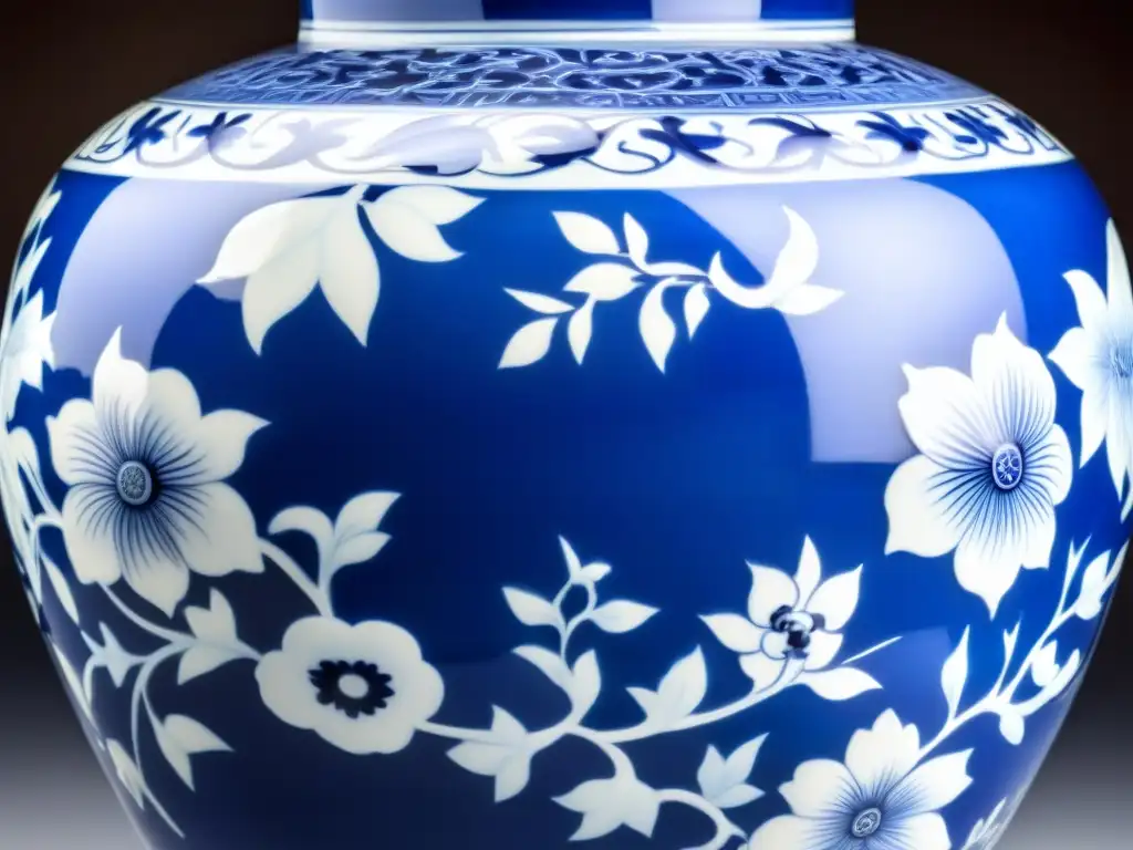 Una vasija de porcelana de la antigua dinastía Ming, con intrincados motivos florales en azul y blanco que simbolizan prosperidad y elegancia en la cultura china