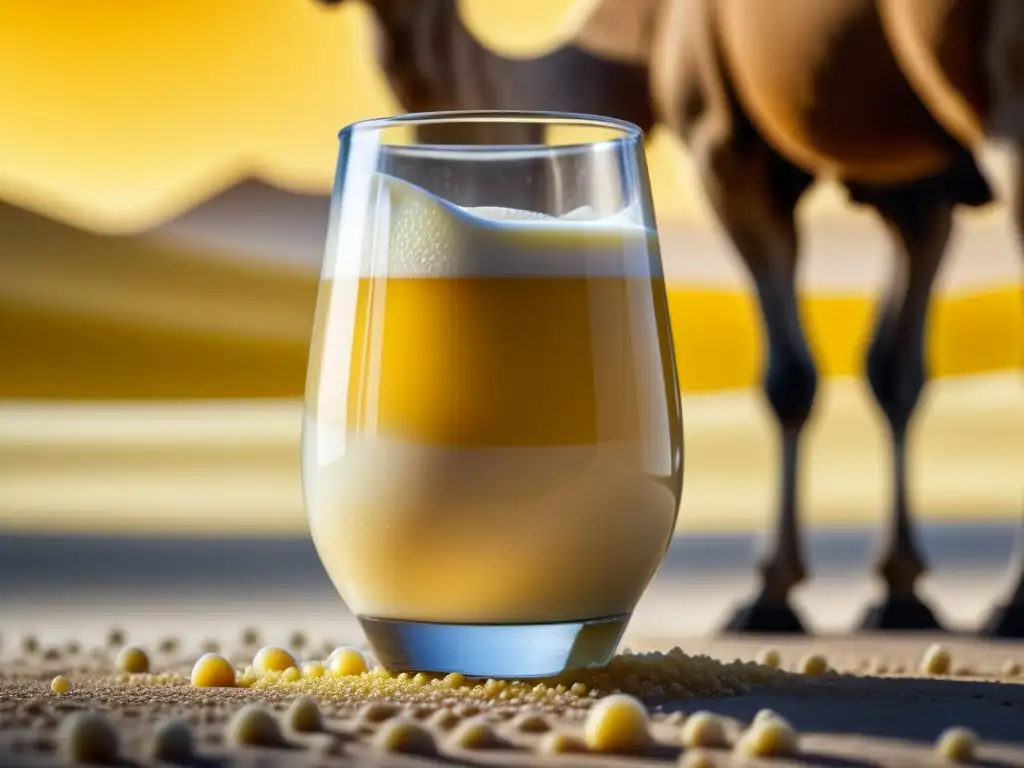 Vaso de leche de camella recién servida, con burbujas y gran frescura en granja tradicional