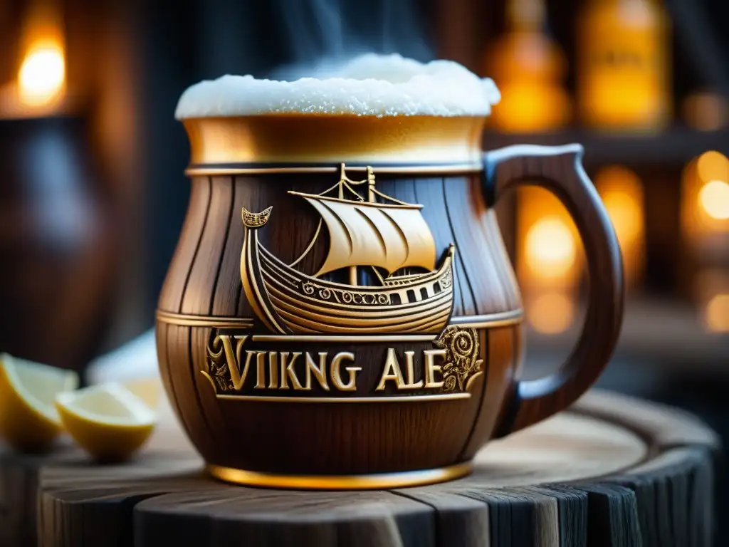 Un vaso de madera vikingo rebosante de hidromiel dorado, con tallados de barcos vikingos en alta mar
