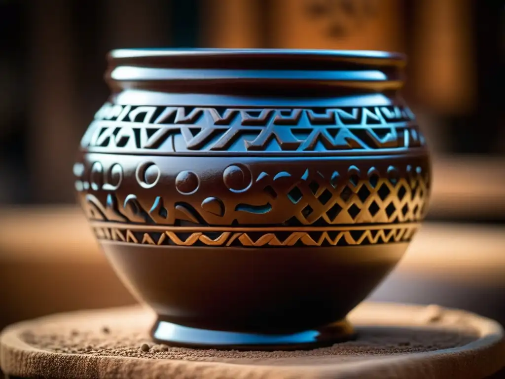 Vaso maya de cerámica con chocolate oscuro, detallado y lujoso, resaltando la importancia cultural del chocolate de los mayas