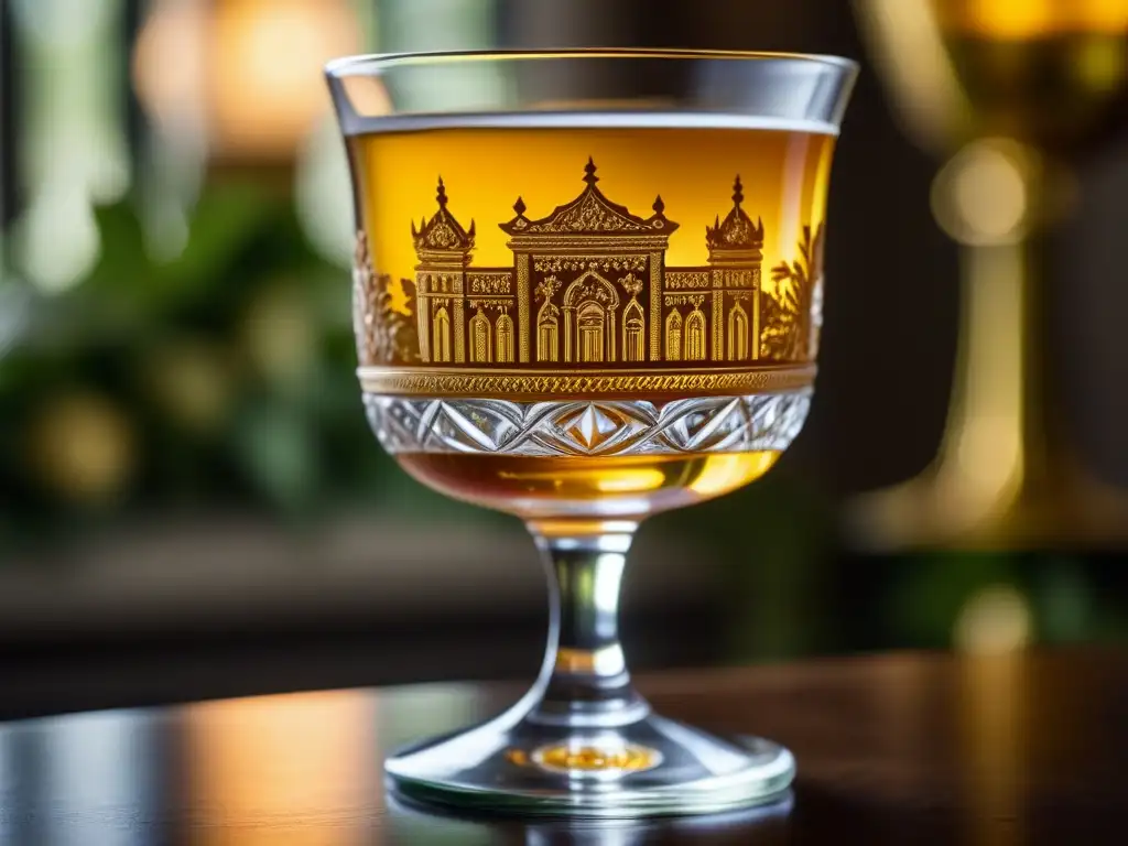 Vaso renacentista con receta histórica de cóctel, en ambiente opulento y elegante