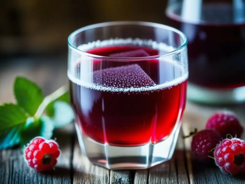 Un vaso de Mors tradicional, con burbujas y frutas frescas en mesa de madera