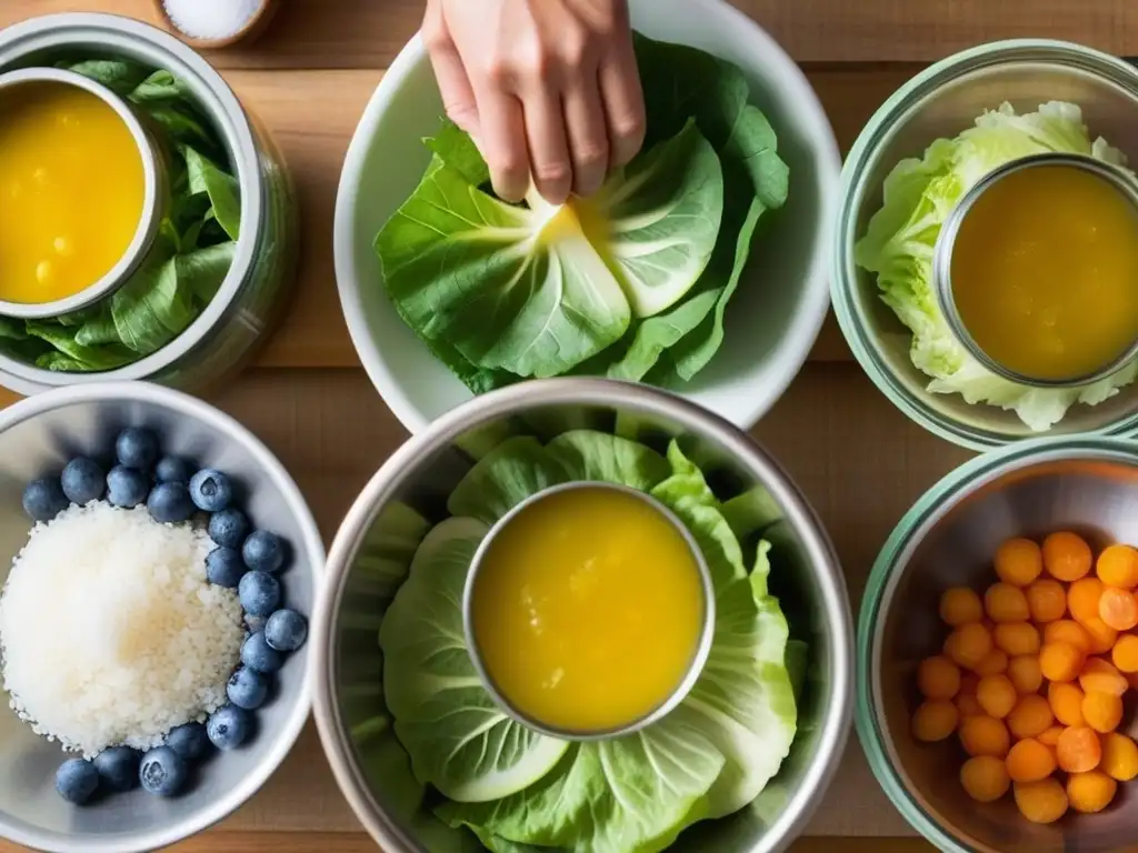 Detalles vibrantes de fermentación de vegetales y frutas Vegetales y frutas coloridos listos para fermentación, resaltando detalles y texturas