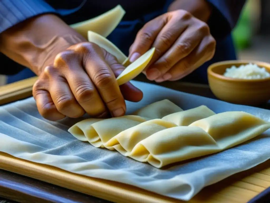 Un vendedor callejero de la época Edo experto en recetas históricas de comida, moldeando con destreza una deliciosa delicia callejera