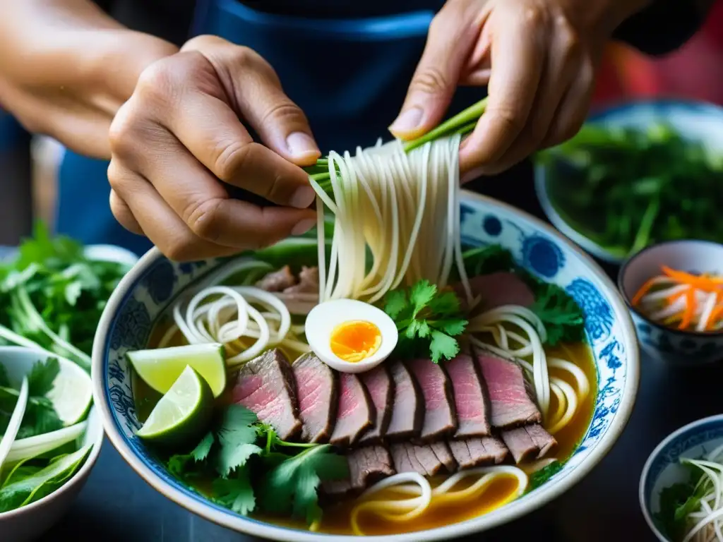 Un vendedor callejero del Sudeste Asiático experto en cocina, ensambla un cuenco vibrante de pho, mostrando historia y maestría culinaria