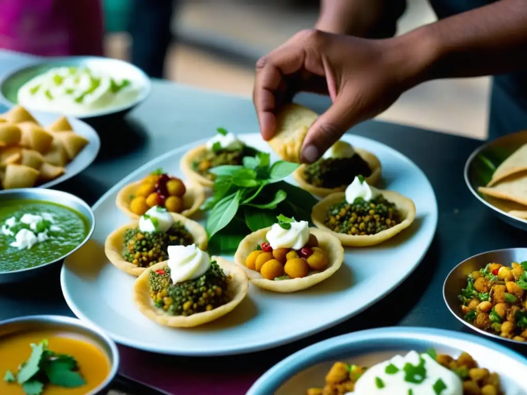 Un vendedor de comida callejera en India prepara con maestría un plato de chaat, con variedades de chaat en India