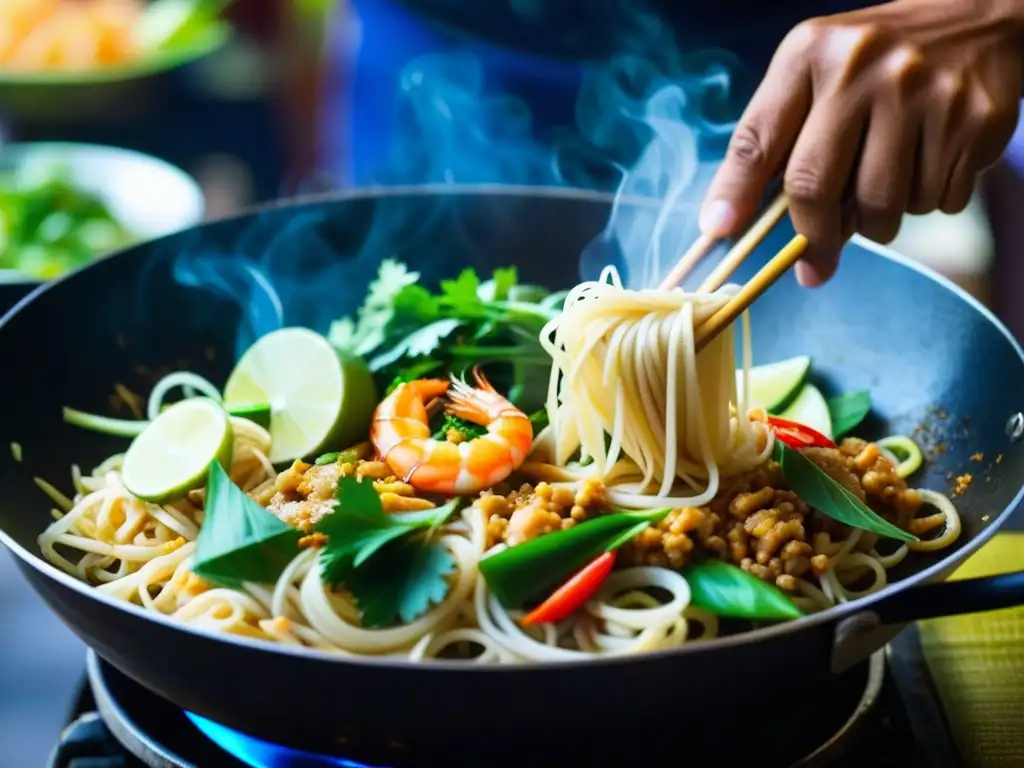 Un vendedor de comida tailandesa prepara expertamente un wok de Pad Thai, mostrando los Orígenes del Pad Thai históricos