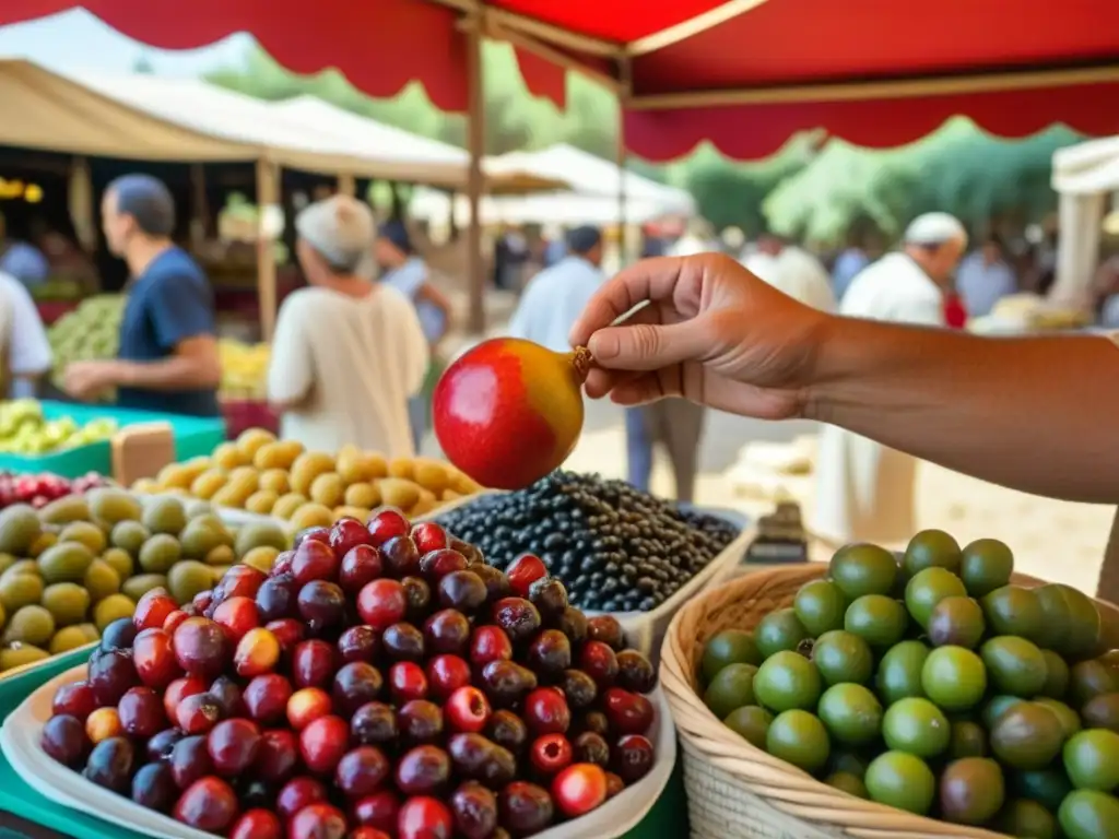 Un vendedor sostiene una granada madura en un bullicioso mercado griego antiguo, bajo el cálido sol mediterráneo