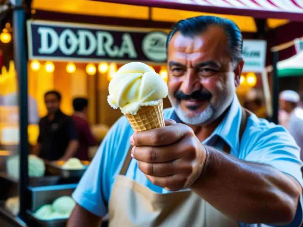 Un vendedor de helado turco estira hábilmente el dondurma en un bullicioso bazar, capturando la esencia y la historia de este helado turco tradicional