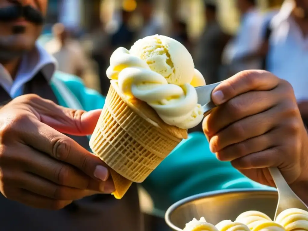 Un vendedor de helado turco experto estira y gira el elástico helado, mostrando su textura única