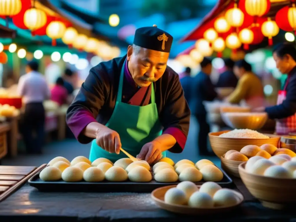 Un vendedor nocturno de Taiwán experto en gastronomía tradicional, amasa masa en un mercado bullicioso