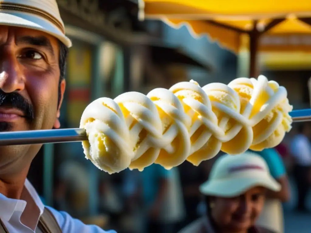 Un vendedor turco de helado experto estira y retuerce el 'dondurma' en un mercado bullicioso