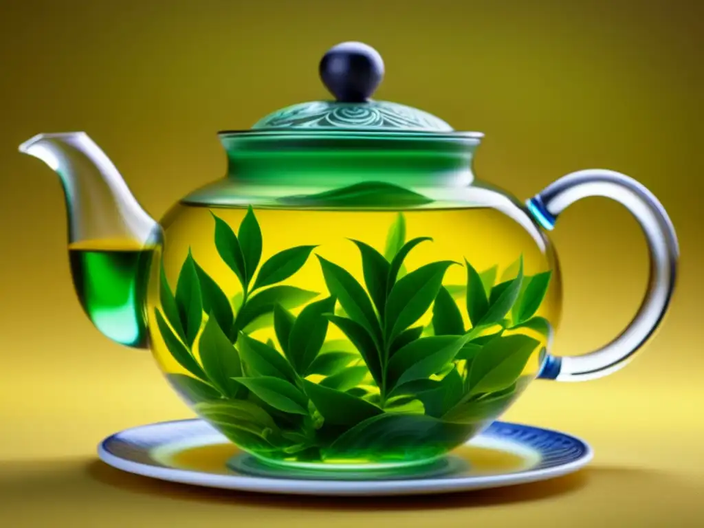 Té verde historia cultural: Hojas infusionando en moderna tetera de vidrio, fusionando tradición y modernidad