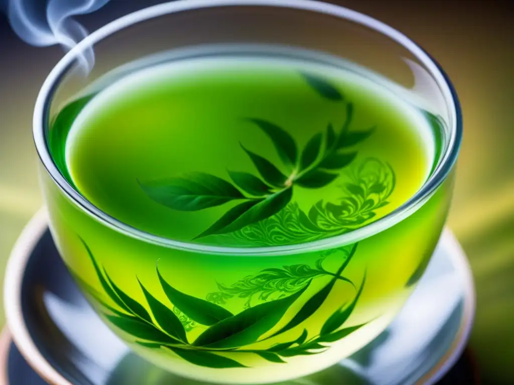 Té verde historia cultural: Hojas de té verde desplegándose en una taza de cristal con vapor, elegancia y tradición