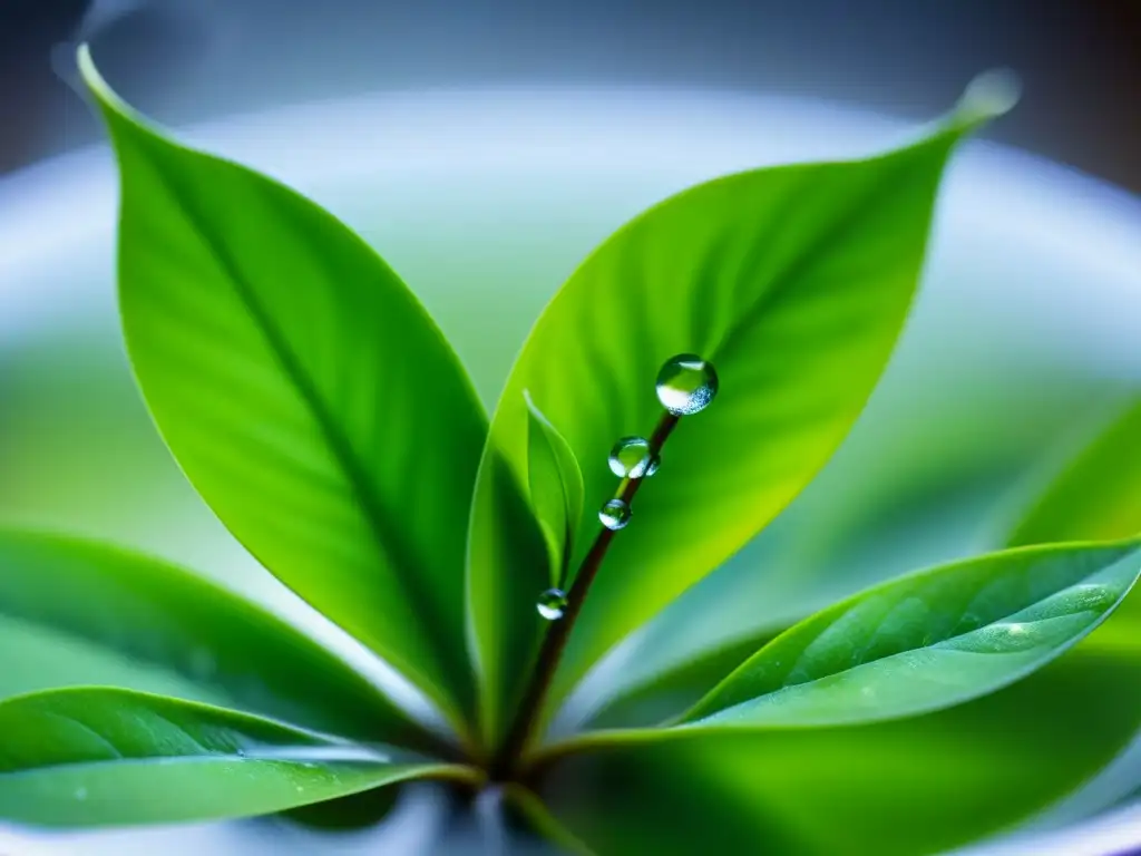 Té verde historia cultural: Hojas de té verde desplegándose en agua caliente, mostrando su belleza y beneficios saludables