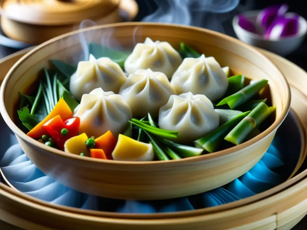 Vapor danzante sobre verduras y dumplings en cestillo de bambú, un retrato de la cocina a vapor historia culinaria