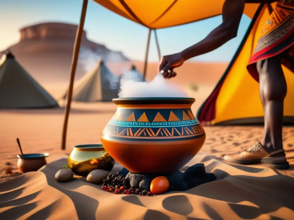 Un viaje culinario en el desierto africano: una olla de cerámica llena de estofado, mostrando recetas históricas desiertos africanos