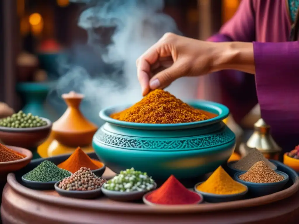 Un viaje culinario a Marrakech: mano colocando especias en un tagine en un bullicioso mercado de especias