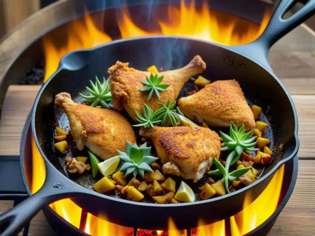 Un viaje culinario a través de raíces africanas en cocina americana: sartén de hierro con pollo frito, especias y vapor