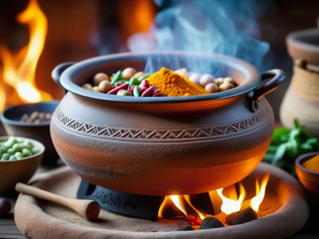 Un viaje culinario a través del tiempo: olla de barro antigua burbujeando sobre fuego, rodeada de especias y ingredientes de distintas culturas