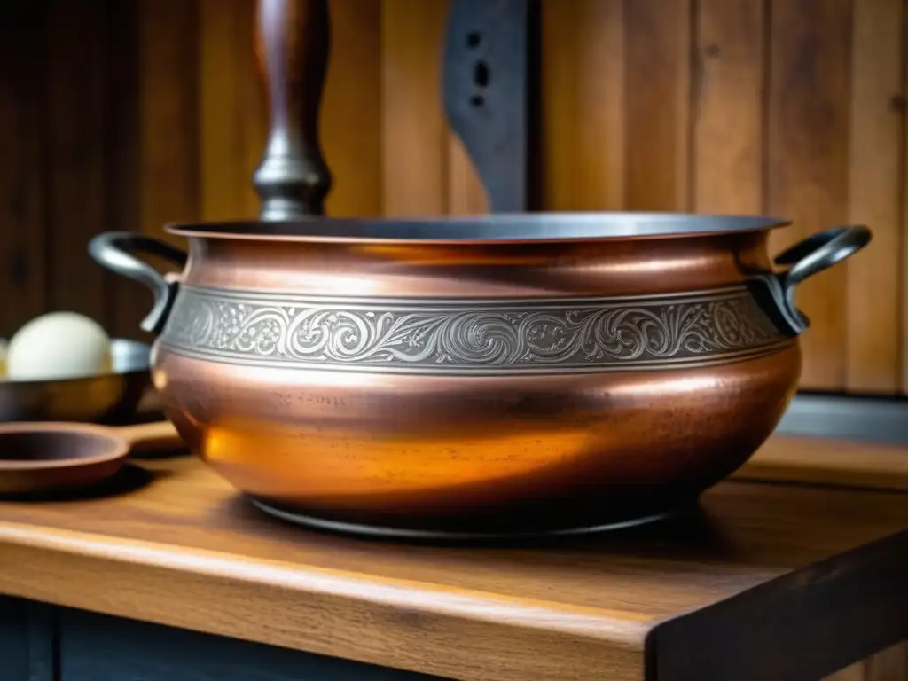 Un viaje en el tiempo entre utensilios de cocina históricos: una olla de cobre antigua con grabados, en una mesa de madera rústica