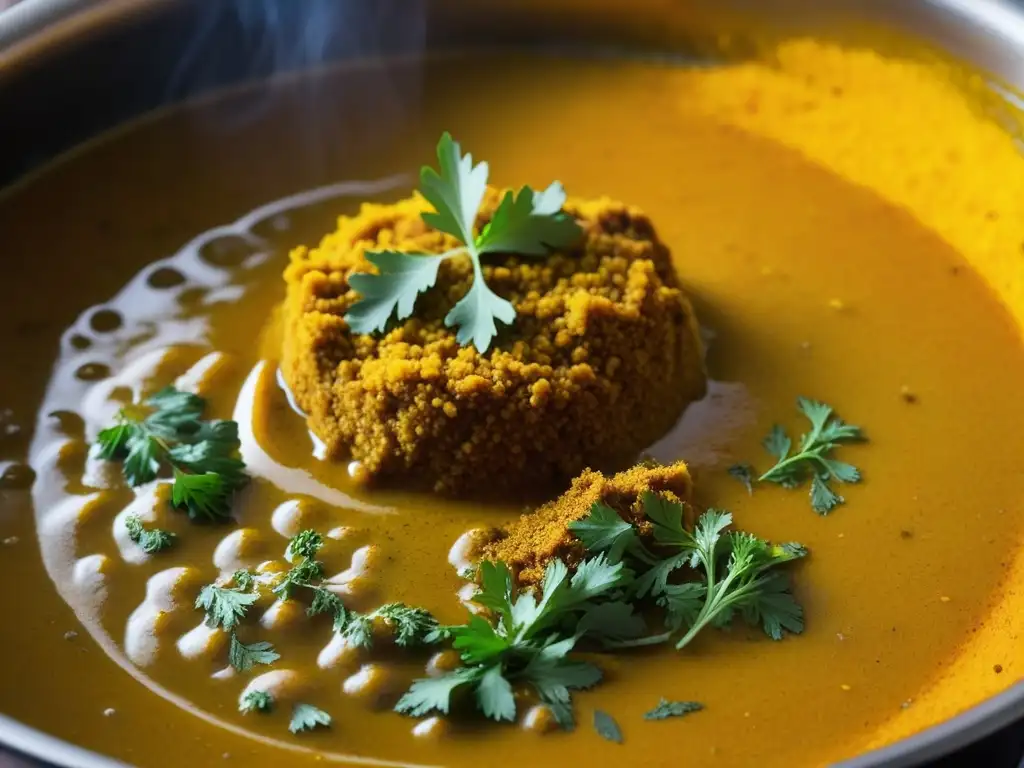 Un viaje a través del origen y evolución del curry: una olla burbujeante llena de rica salsa aromática, colores vibrantes y especias exóticas