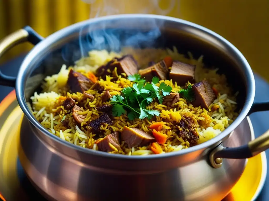 Delicioso Biryani: Detalles y colores en un potente plato mughal Un viaje visual a la historia del Biryani en la Era Mughal, con colores y aromas vibrantes