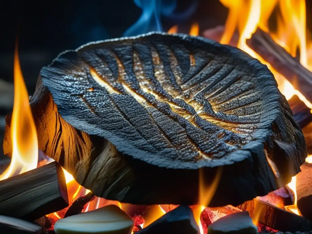 Un viaje visual a la evolución de técnicas de asado en la historia culinaria, destacando una pieza de mamut sobre las llamas