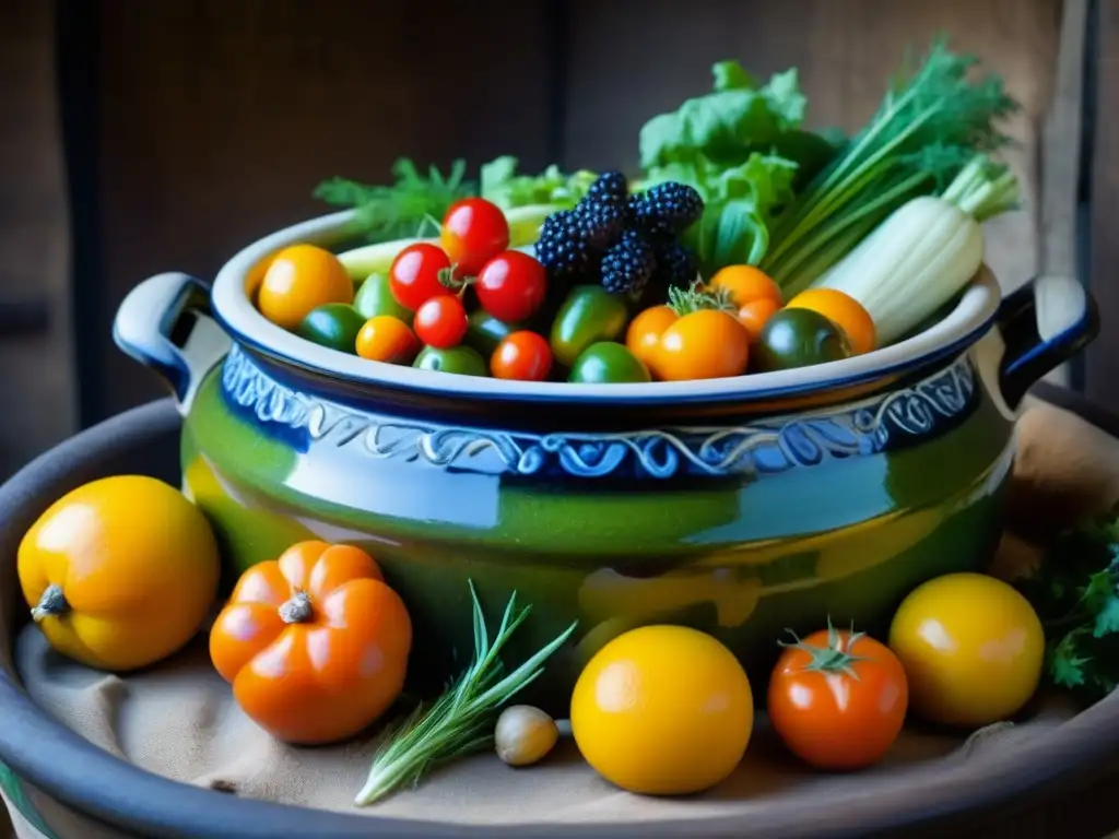 Un viaje visual a las técnicas de fermentación medievales alimentos con una olla de cerámica llena de frutas y verduras en salmuera