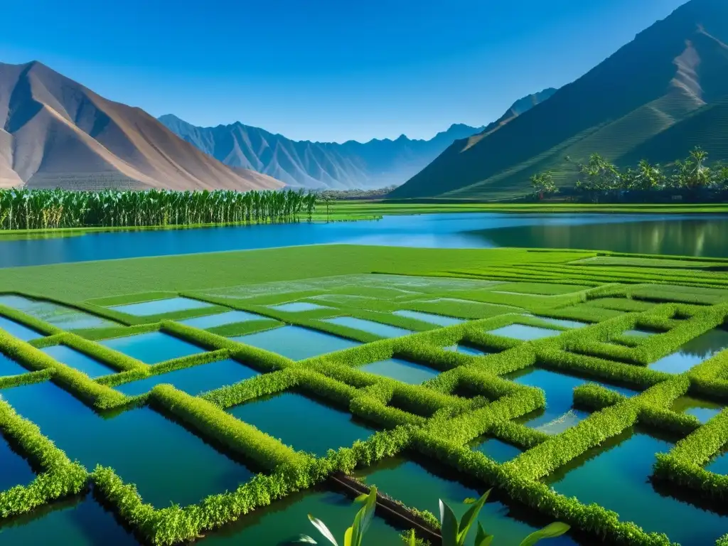 Vibrante chinampa flotante en lago sereno, reflejando cielo azul y montañas