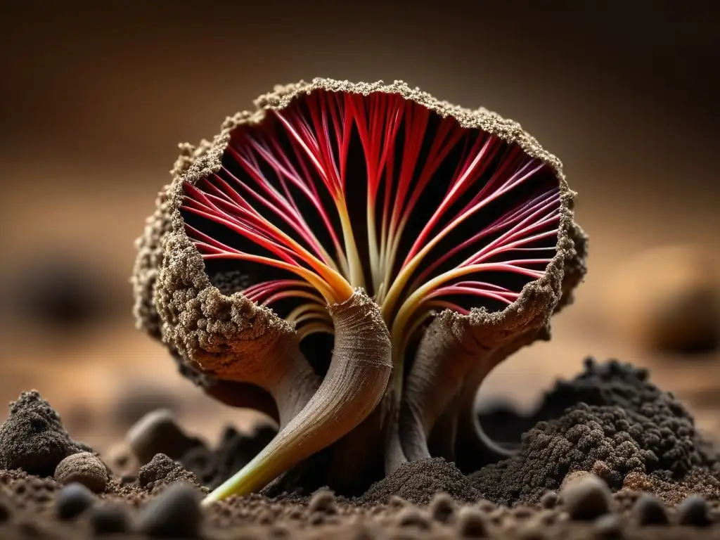 Raíz de maca roja vibrante de la cocina amazónica: detalle único e intrincado en tierra, resaltando su belleza natural