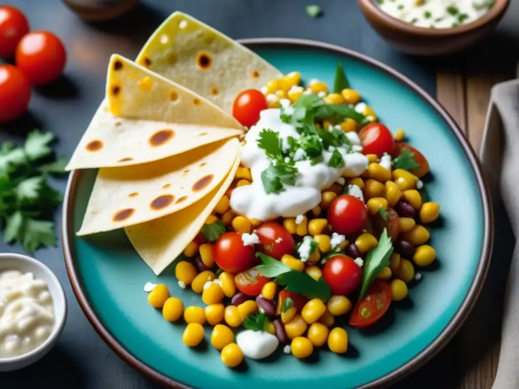 Una vibrante combinación de maíz y frijoles resalta la importancia de la culinaria TexMex en este plato colorido y detallado