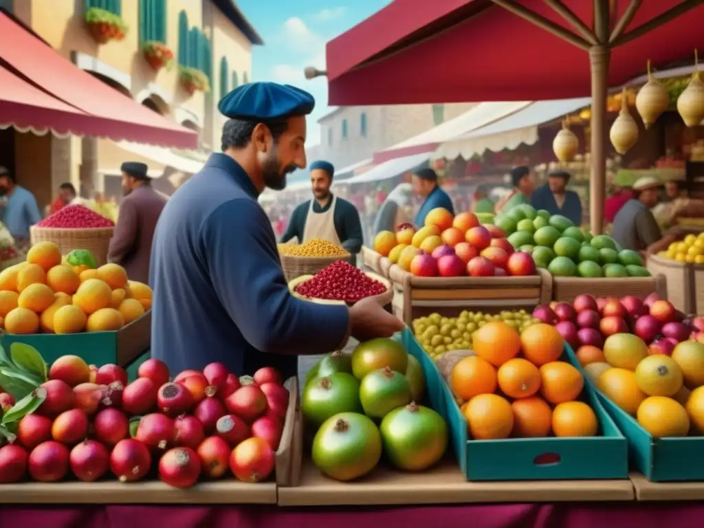 Vibrante comercio de alimentos en el Renacimiento Italiano, con vendedores y clientes regateando en un bullicioso mercado de frutas y especias