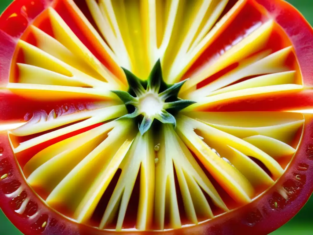 Tomate herencia vibrante, cortado, semillas brillantes en textura jugosa, colores ricos, fondo verde