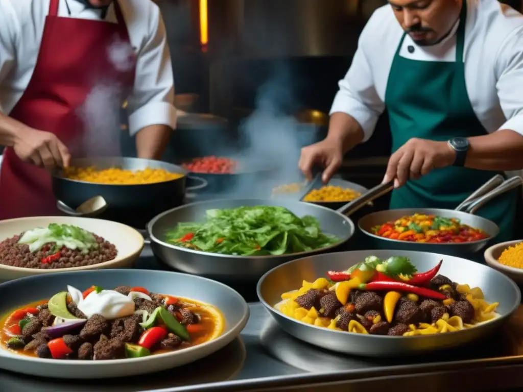 Un vibrante cuadro de la cocina de un restaurante TexMex, donde chefs de diversas culturas preparan platos tradicionales con pasión