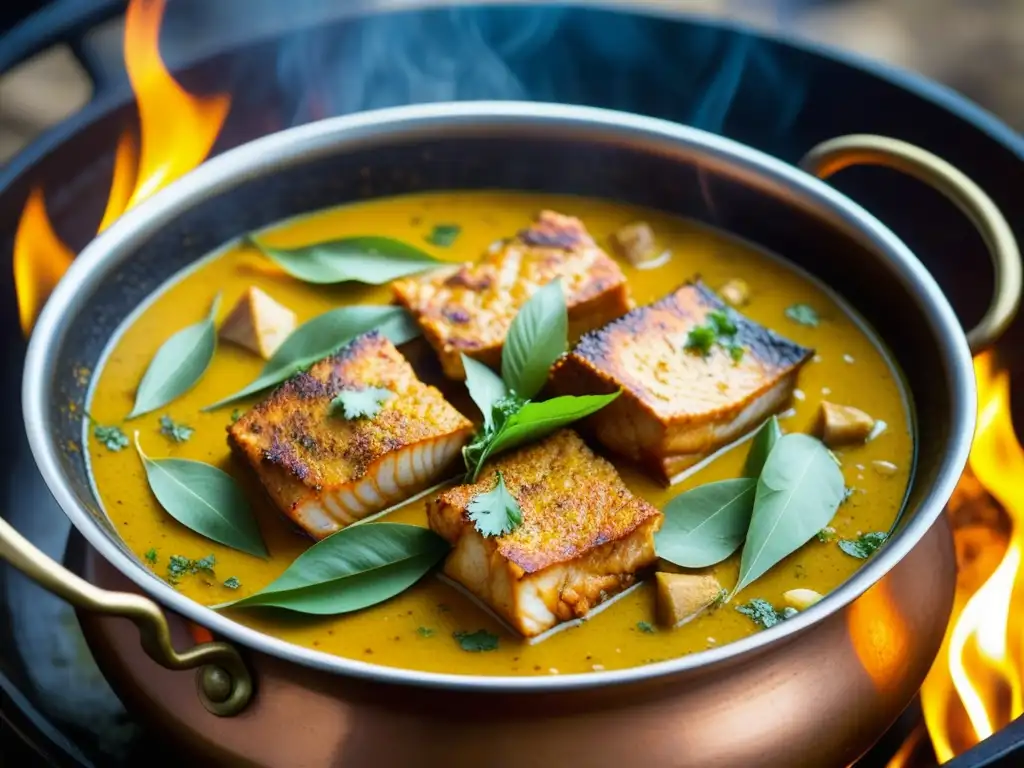 Una vibrante y detallada imagen de una tradicional receta de pescado bengalí en una olla de cobre, con especias aromáticas