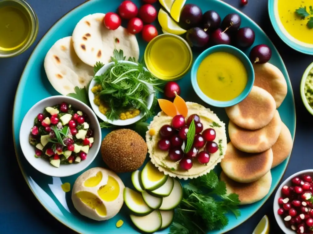 Un festín árabe vibrante y detallado: mezze tradicional con hummus, baba ganoush, tabbouleh y falafel