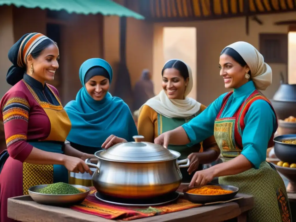 Un vibrante dibujo detallado que muestra a mujeres sahelianas preparando recetas tradicionales en un mercado