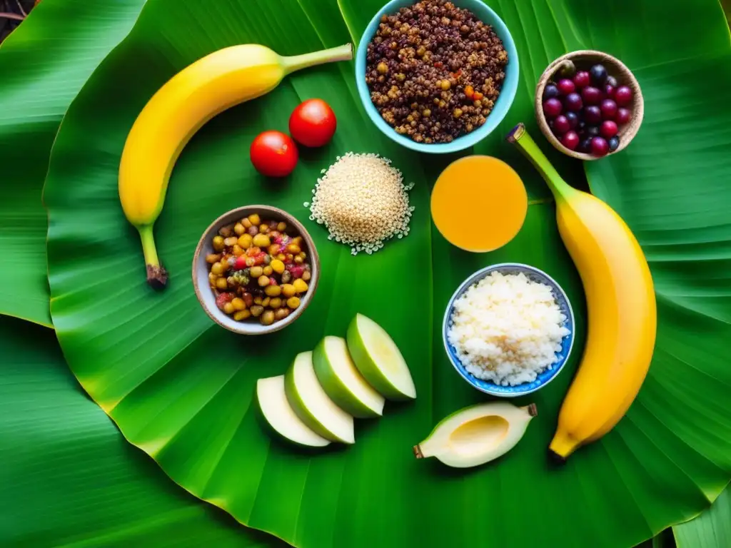 Una representación vibrante de la dieta indígena durante la Conquista en una hoja de plátano, resaltando colores y texturas