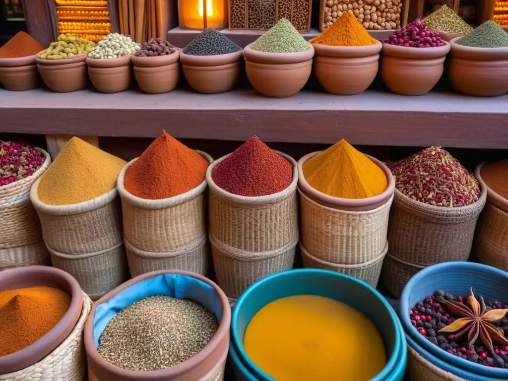 Una vibrante escena de un bullicioso mercado de especias en un bazar del Medio Oriente, resaltando las Recetas históricas de la Ruta de las Especias