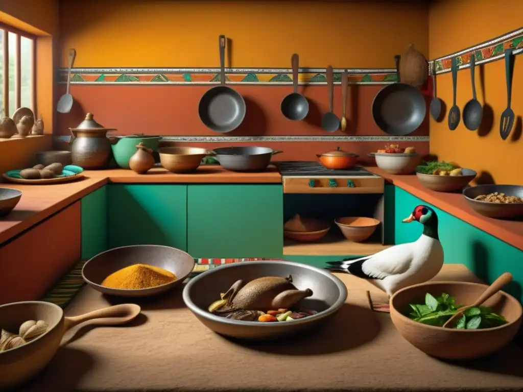 Vibrante escena de cocina azteca con animales domesticados y detalles intrincados