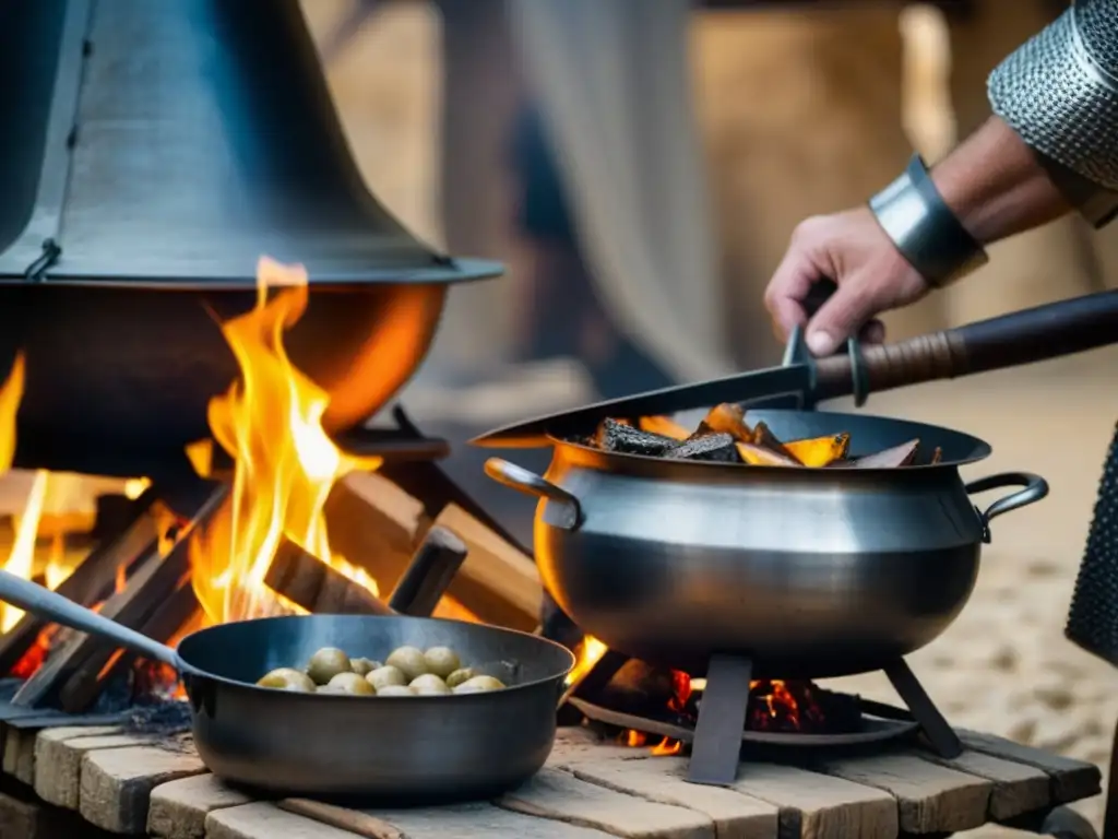 Vibrante escena en cocina de campaña de ejército de cruzados, preparando comida en fogatas