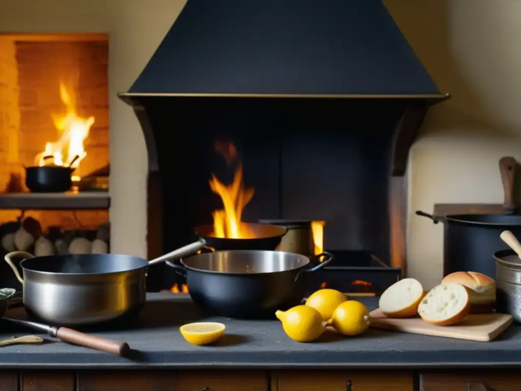 Vibrante escena en cocina de granja inglesa del siglo XVIII, con trabajadores preparando ingredientes y cocinando sobre fuego abierto