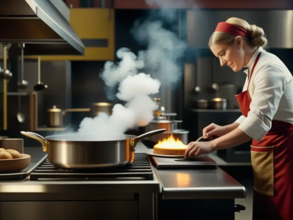 Vibrante escena de cocina industrial durante la Revolución Industrial Europea, fusionando técnicas culinarias tradicionales con tecnologías emergentes