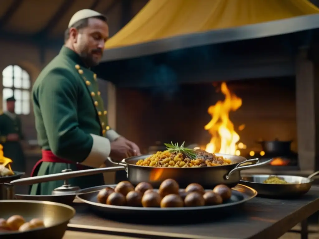 Vibrante escena: cocina renacentista en campamento militar, fusionando vida militar y alimentación en detalle