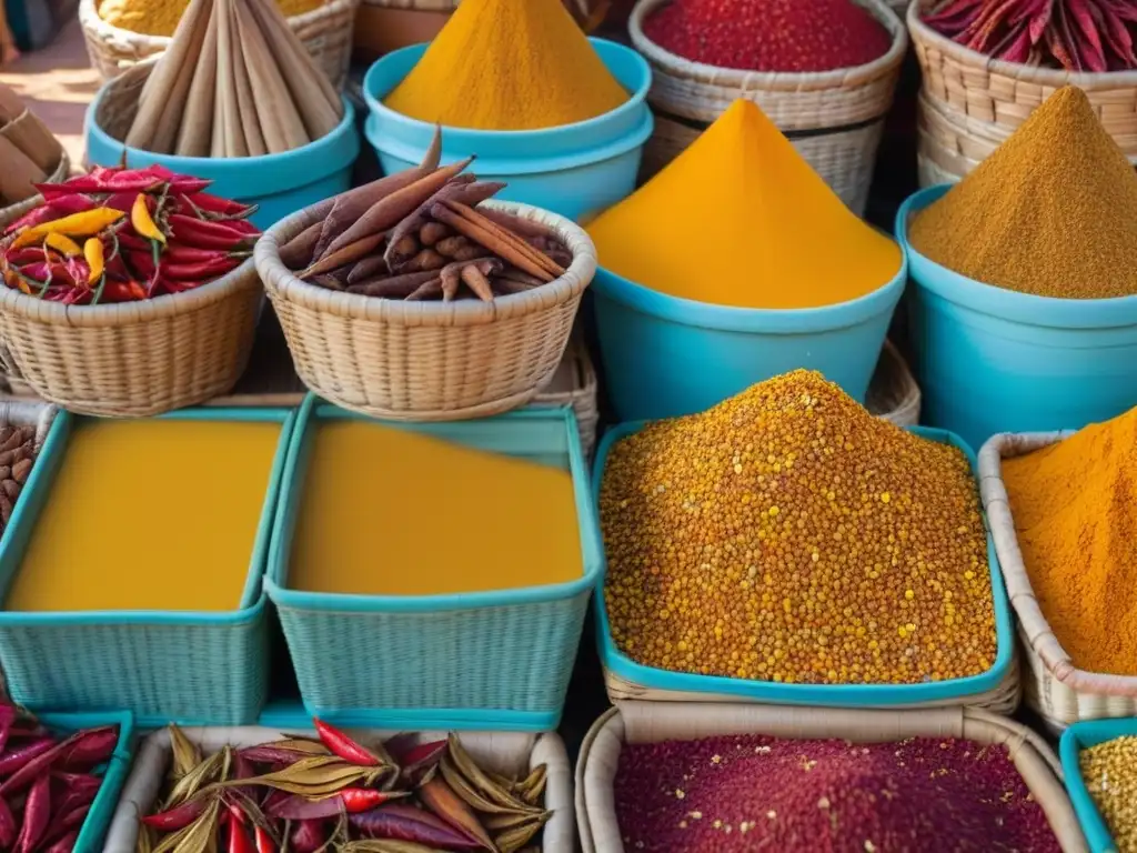 Una vibrante escena de especias en un bullicioso mercado del sur de Asia, resaltando la historia del comercio de especias en la cocina