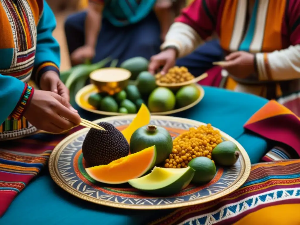 Vibrante escena de festín Inca con exóticos alimentos y tejidos